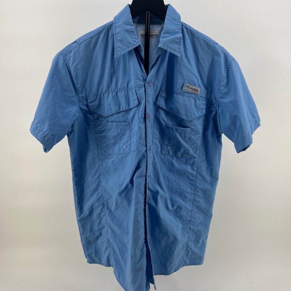 Columbia PFG Short Sleeve Button Up Fishing‎ Shirt Men's Size M Blue Vented